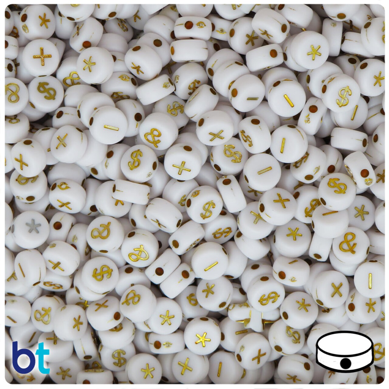 BeadTin White Opaque 7mm Coin Plastic Alpha Beads - Gold Math (250pcs)